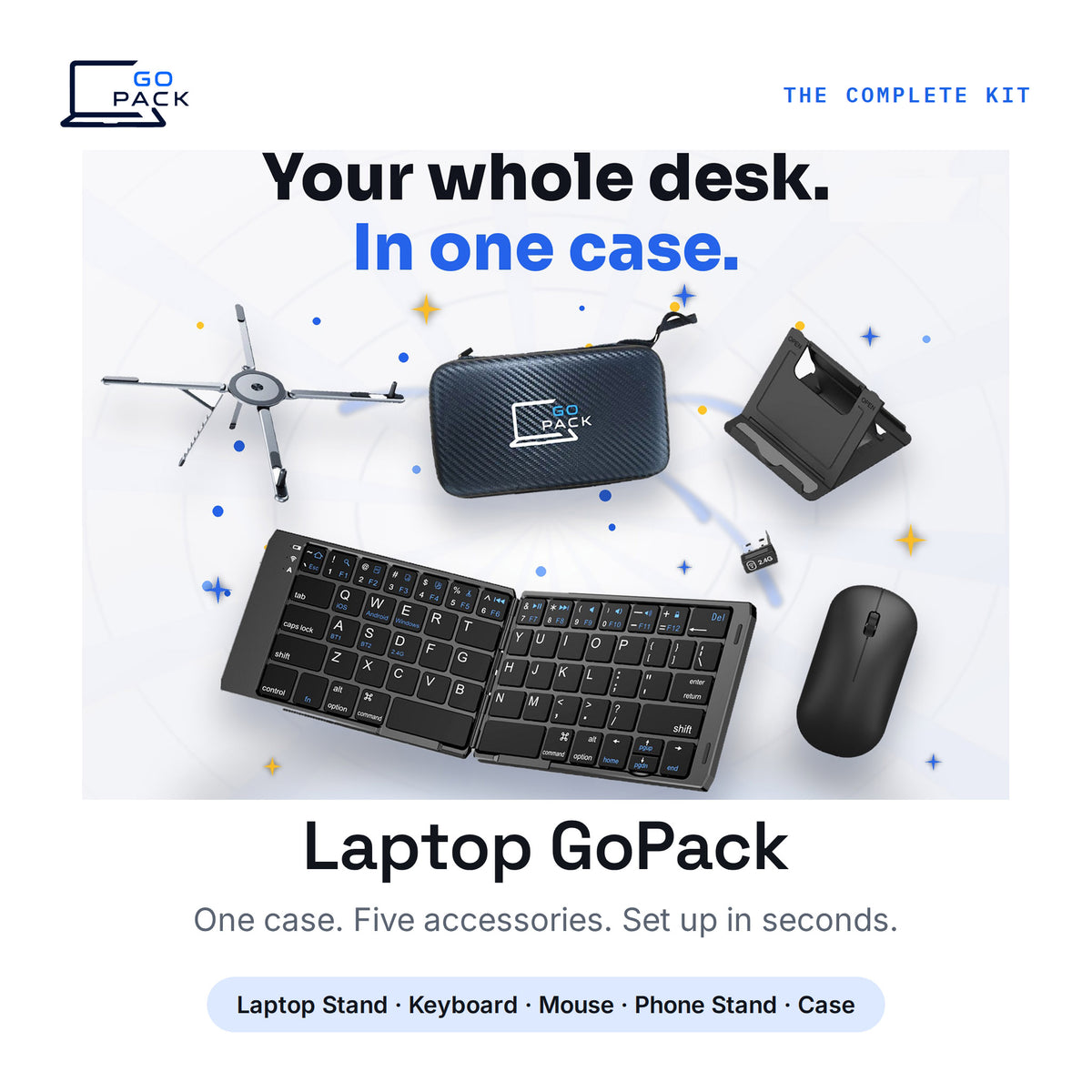 Laptop GoPack kit: portable laptop stand, foldable wireless keyboard and mouse, phone holder and compact travel case