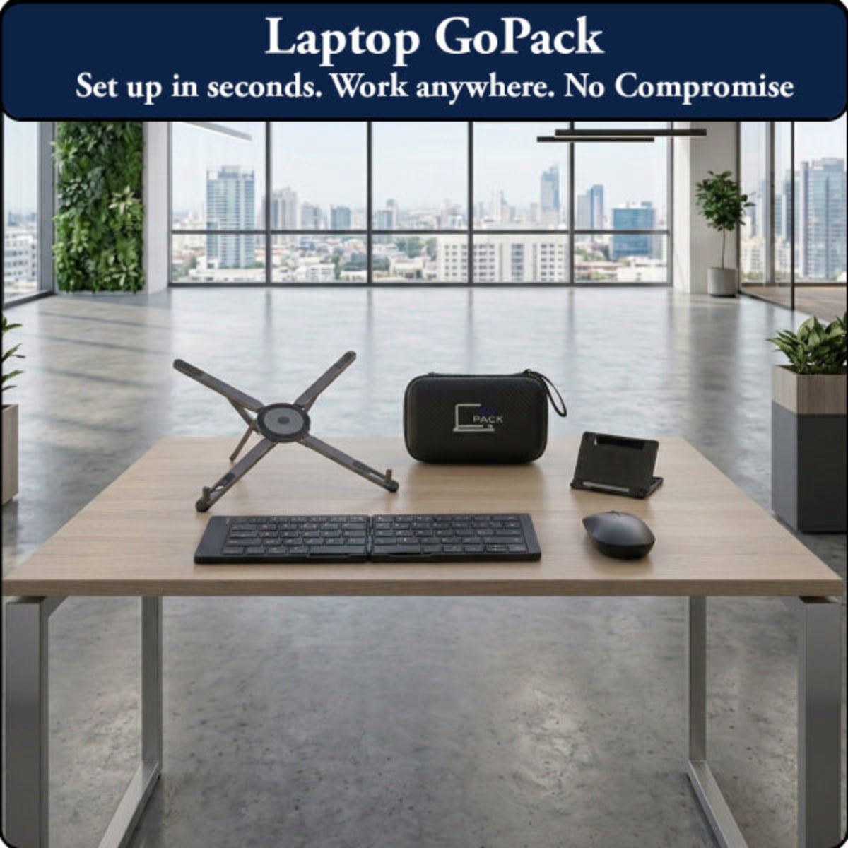 Laptop on a portable laptop stand with wireless keyboard and mouse and phone holder, set up in seconds