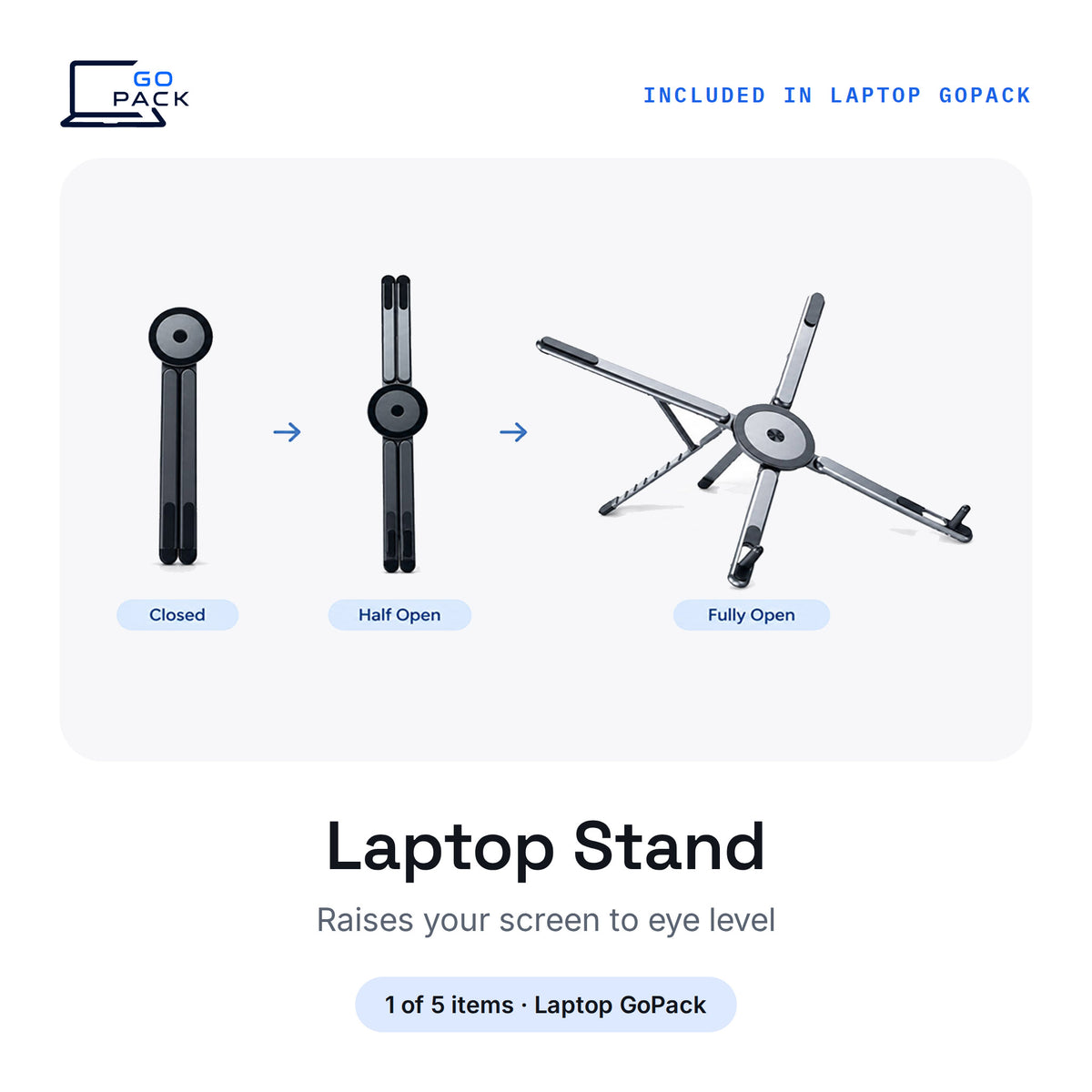 Portable laptop stand and laptop riser in aluminium, folds flat and opens to lift your laptop to eye level