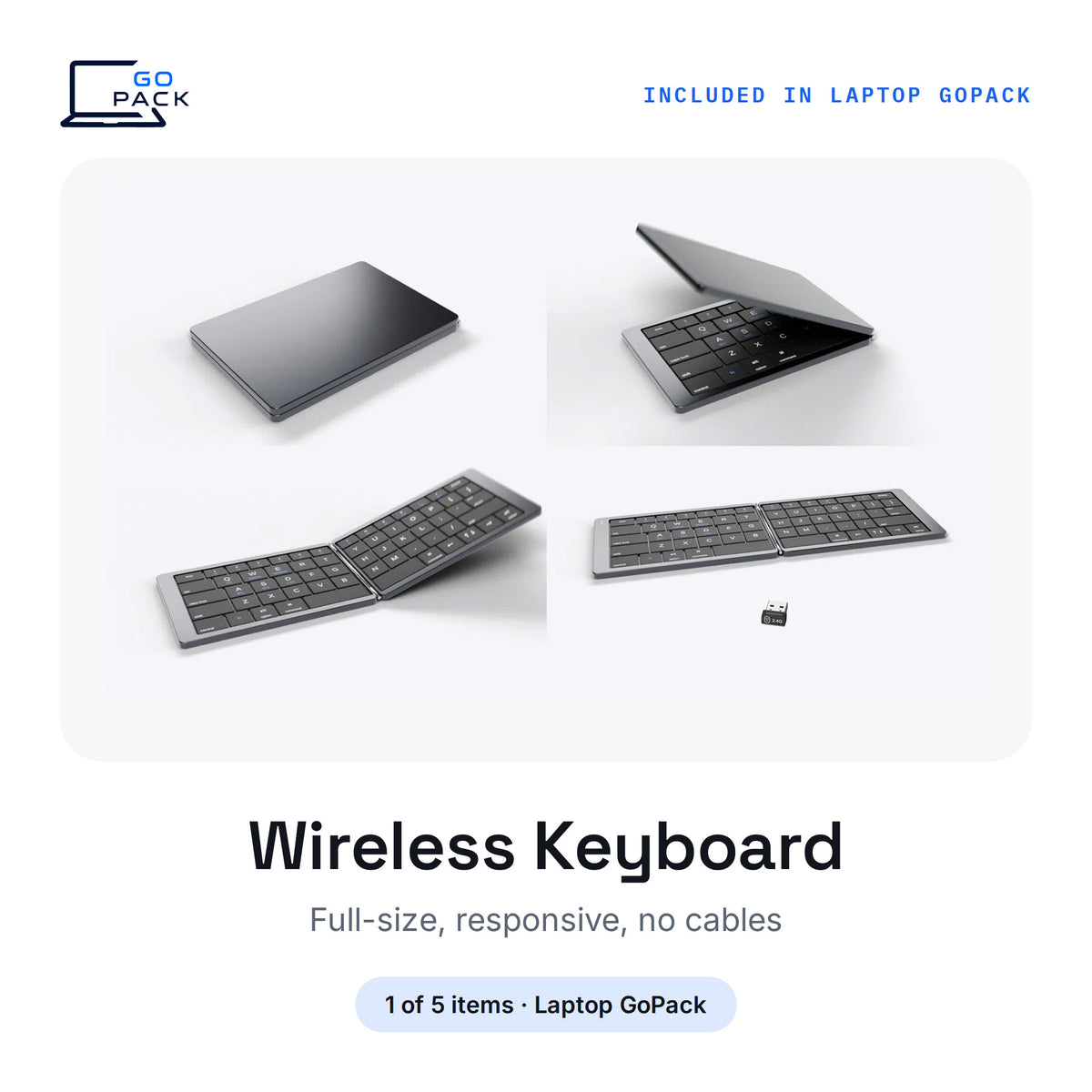 Foldable wireless Bluetooth keyboard, shown folded to pocket size and opened to full width