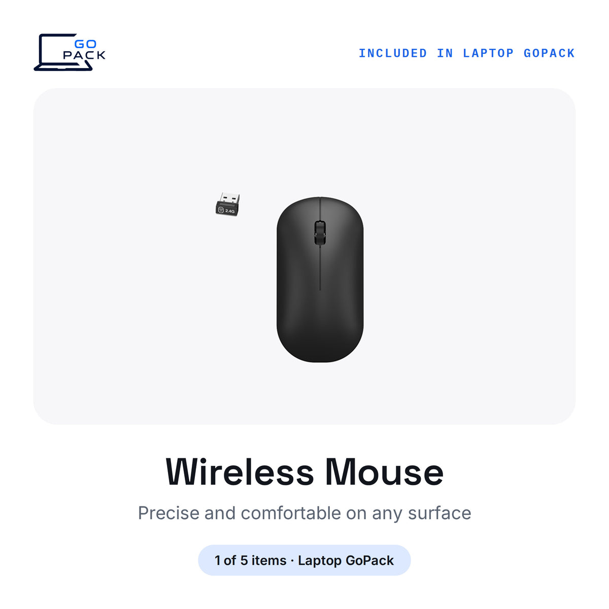 Ergonomic wireless Bluetooth mouse with 1200 DPI tracking, part of the Laptop GoPack