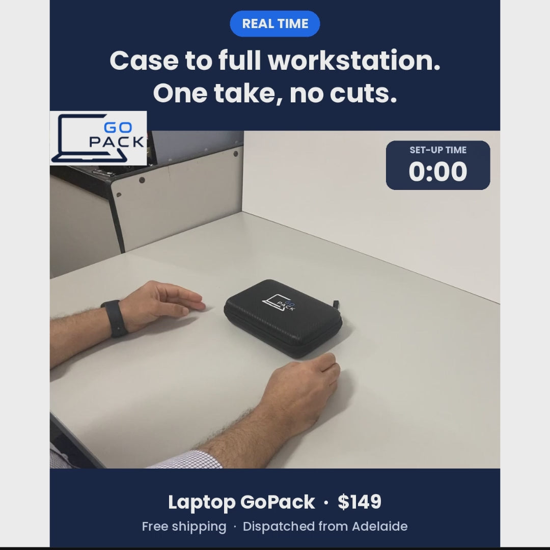 How to set up the Laptop GoPack: unfold the portable laptop stand, wireless keyboard and mouse, and phone stand step by step