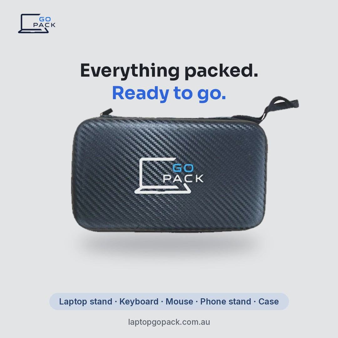 Laptop GoPack packing away: portable laptop stand, foldable Bluetooth keyboard, mouse and phone holder zip into the travel case